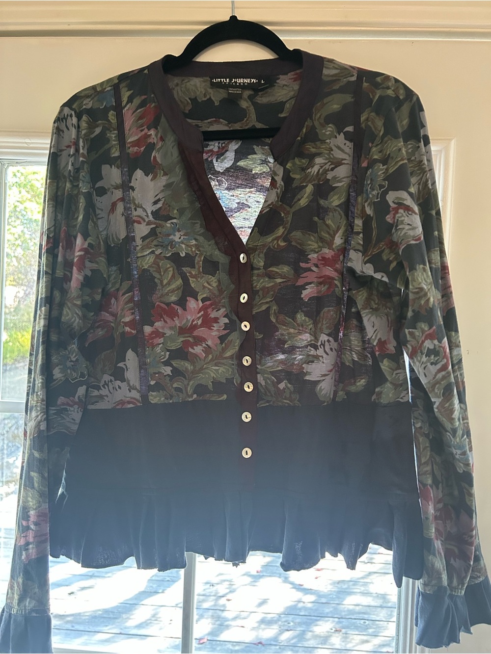 Little Journeys 100% Cotton Floral Button Front Top Size L Boho Vintage